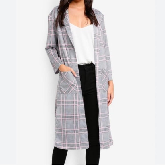 Topshop Checked Duster Coat Size 0 Open Front Lightweight ✅ - Picture 2 of 8